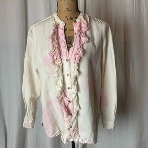 Anthropologie Pilcro Womens Pink Tie Dye Button Down Ruffle Placket Top Size S